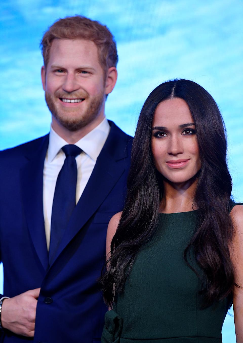 Wax models of British Prince Harry and his fiancée Meghan Markle are on display at Madame Tussauds in London, May 9, 2018. REUTERS / Toby Melville