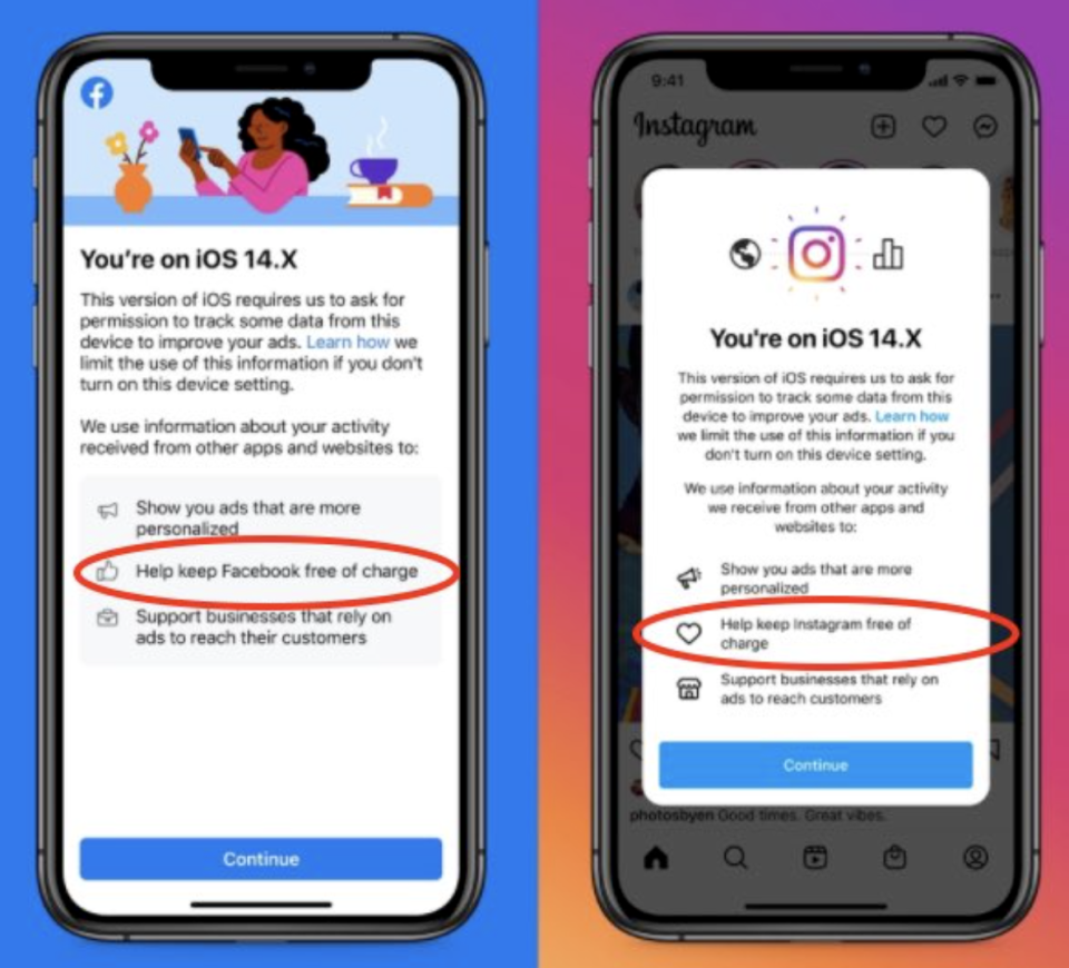 The notification seen by some iPhone users where Facebook (left) and Instagram (right) threaten to make a payment. 