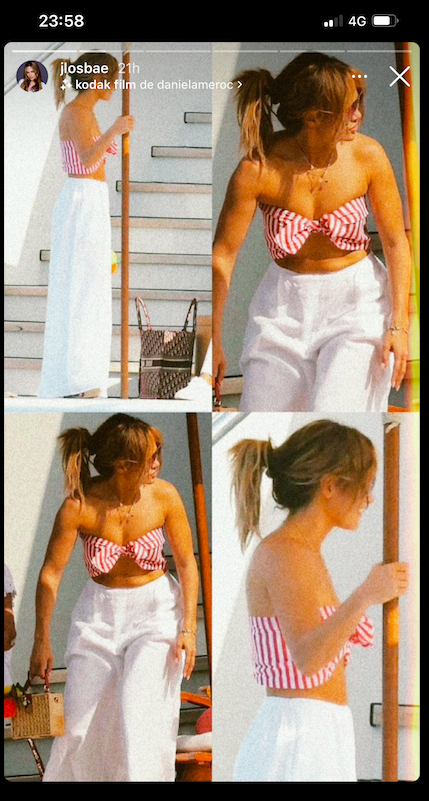 Jennifer Lopez wears a navy and red striped blouse on vacation with Ben Affleck