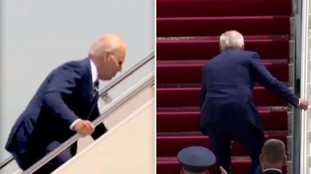 Biden stumbled again as he climbed the stairs of the plane