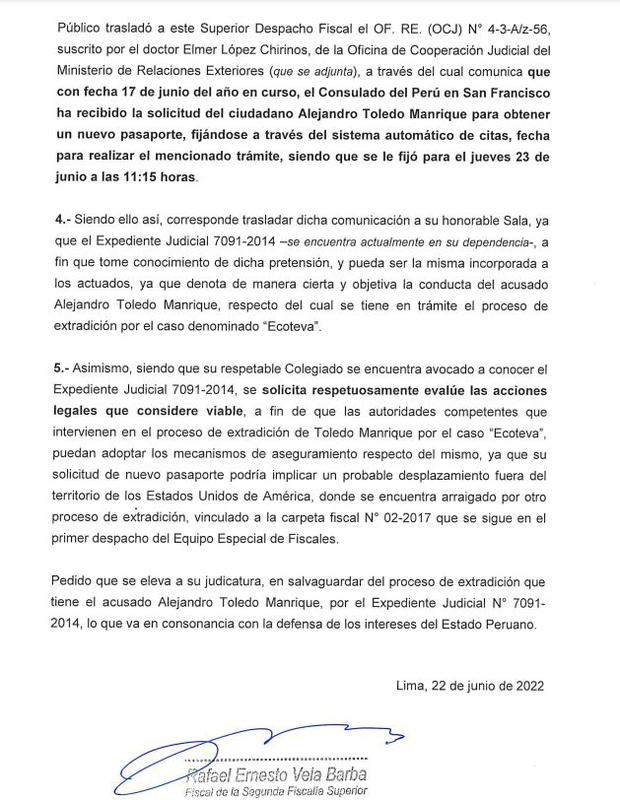 Official letter from lawyer Rafael Vela Barba to the judiciary warning of the plight of Alejandro Toledo