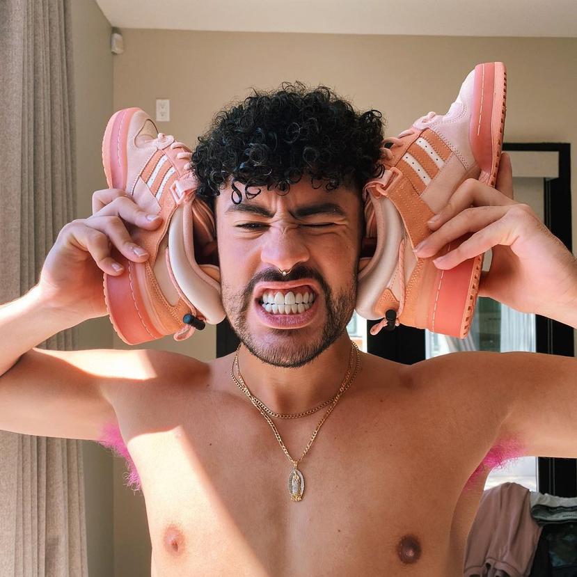 Bad Bunny with the pink sneakers he launched with Adidas in 2021.
