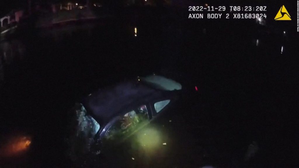 The moment a woman is rescued from a submerged car